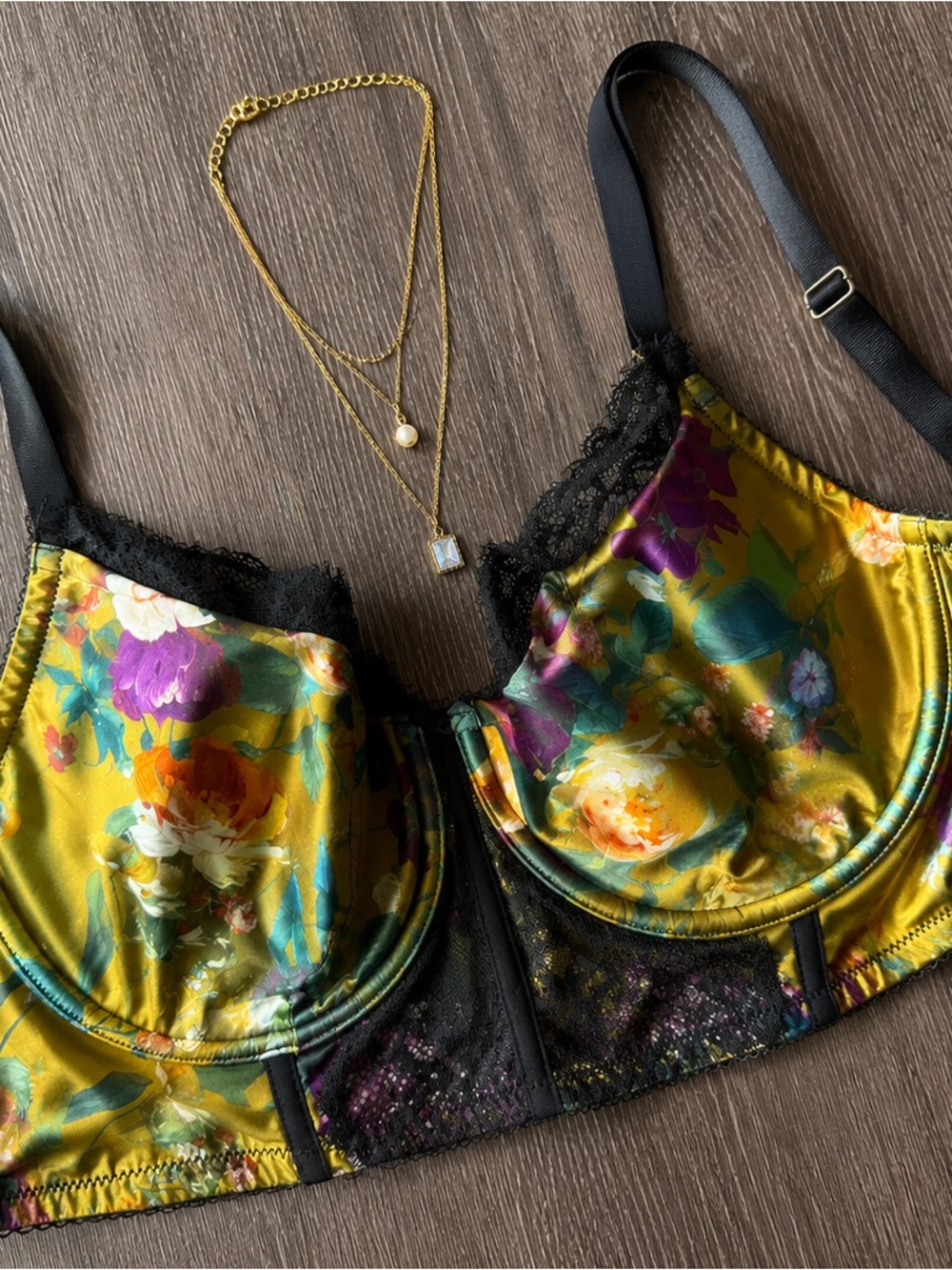 Cacique Floral Lace Longline Bra 44C | Mustard Yellow Satin Lingerie